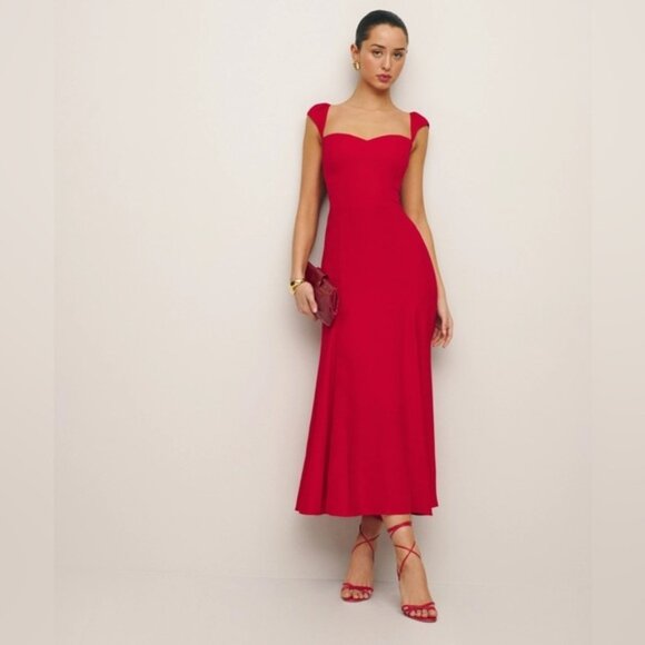 NEW Reformation Bryson Midi Short Sleeve Dress Cherry Red | US 4 UK 8 - Picture 1 of 13